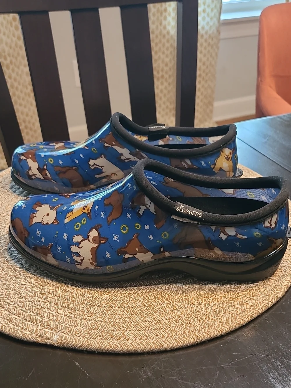 Sloggers Blue Lil Goat Pattern Waterproof Slip-On Clogs Size 9